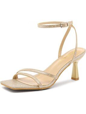 〽️Women Gold Strappy Square Toe Kitten Heels Ankle Strap Wedding Party Sandals